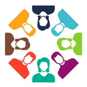 8 human figures in assorted colours in a circle